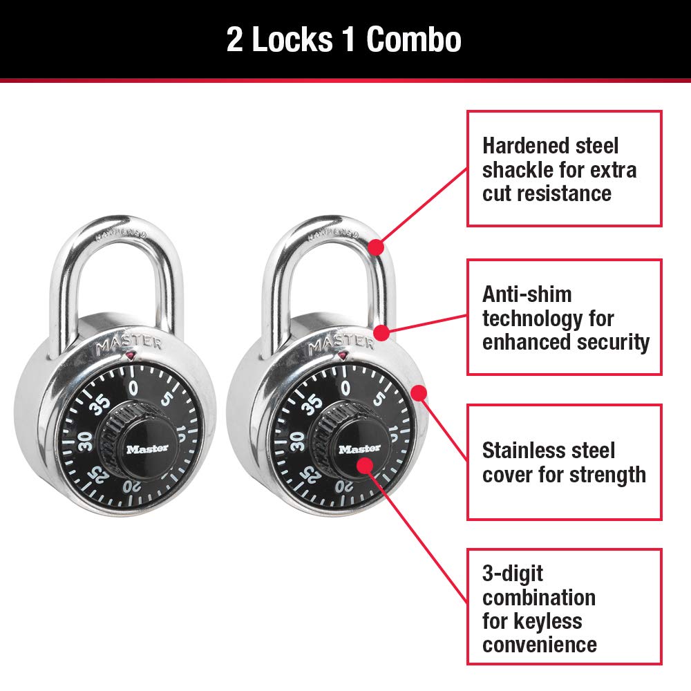 Master Lock Cerraduras de casillero, cerraduras de combinación para gimnasio y escuela, paquete de 2, 1500T, color negro