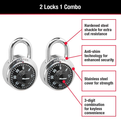 Master Lock Cerraduras de casillero, cerraduras de combinación para gimnasio y escuela, paquete de 2, 1500T, color negro