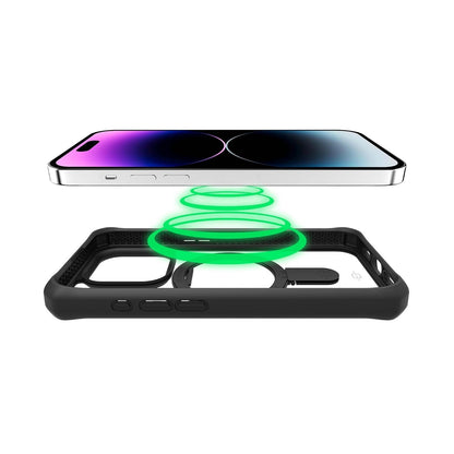 ItSkins Hybrid R Stand Funda con MagSafe Compatible con iPhone 15 Pro, Protección Caídas 3m, Soporte Plegable, Tecnología Antimicrobiana - Negro/Transparente