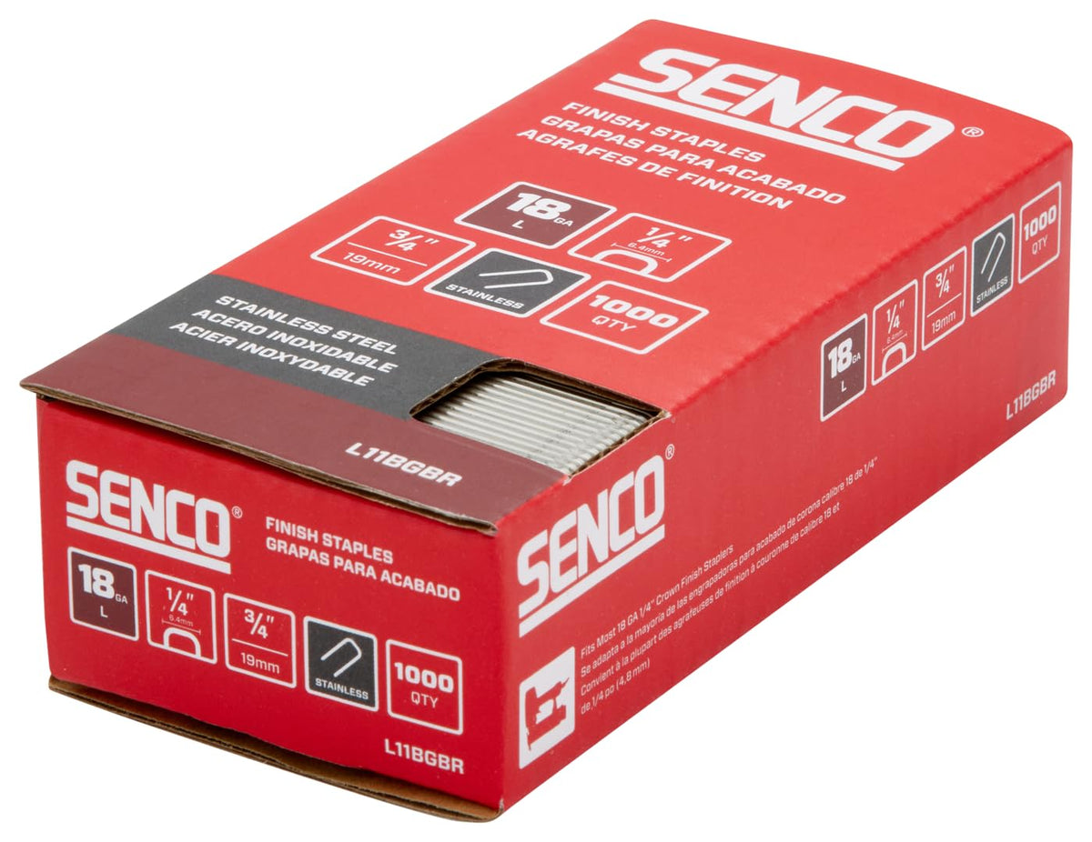 SENCO L11BGBR - Grapas de acabado de corona de calibre 18 de 1/4 pulgadas, acabado de acero inoxidable, paquete de 1000 unidades