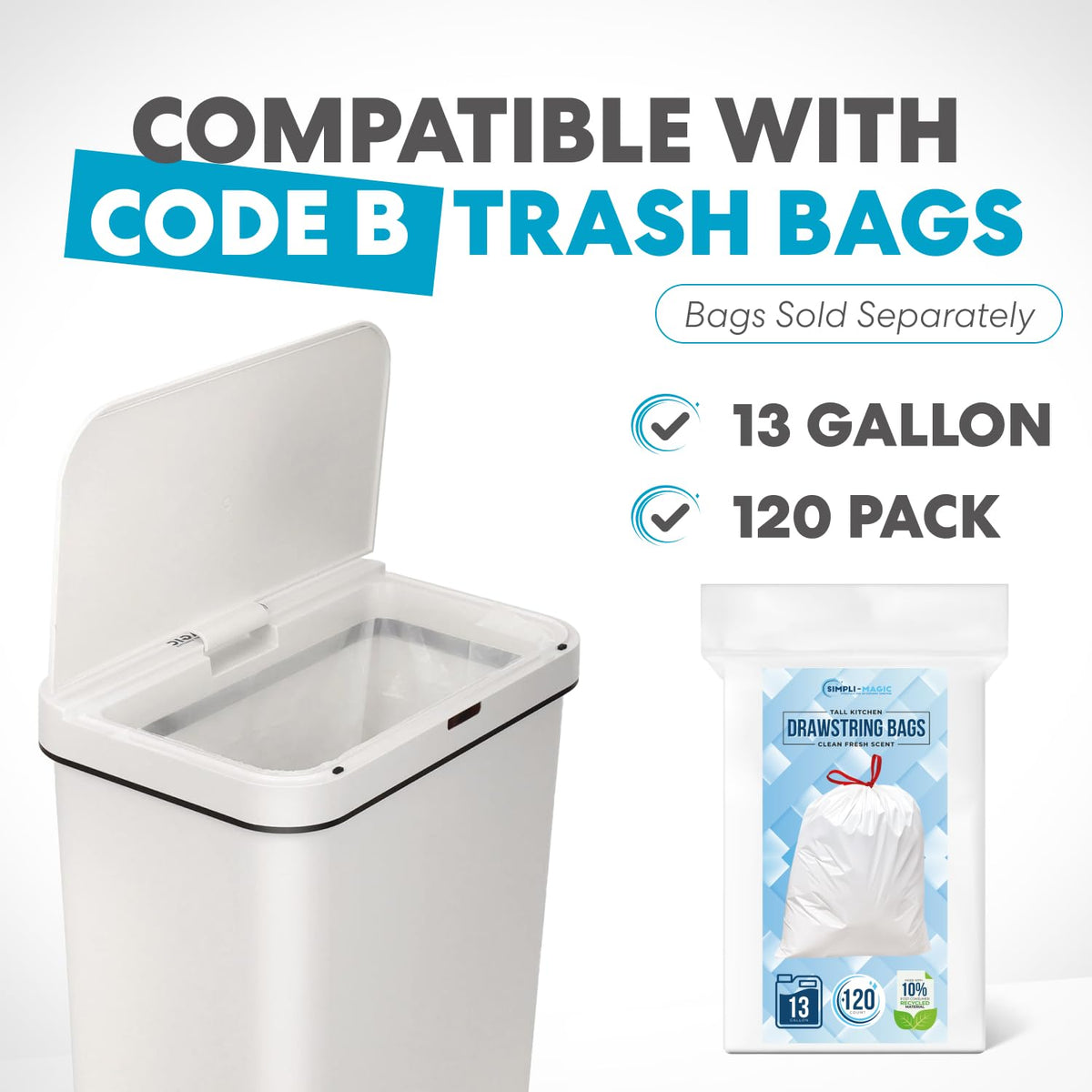 SIMPLI-MAGIC 79502 Bote de basura con sensor sin contacto de 13 galones, cubeta de basura rectangular, perfecto para el hogar, cocina, oficina, color blanco