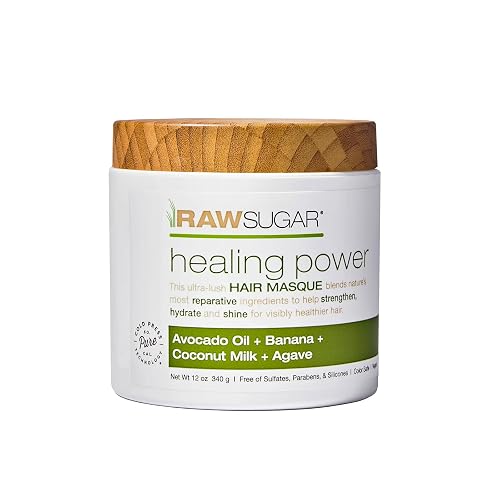 RAW SUGAR, Healing Power, Mascarilla Reparadora para Cabello, con Aceite de Aguacate, Plátano, Leche de Coco y Agave, Prensado en Frío, Vegano, Libre de Sulfatos, Parabenos y Siliconas, 340 g
