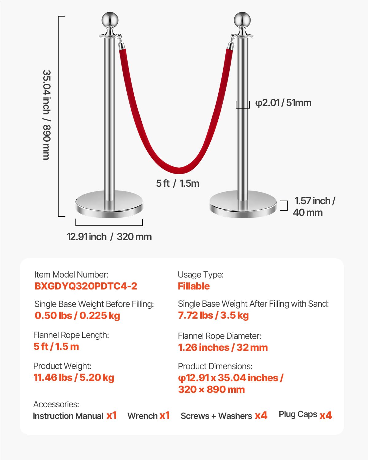 VEVOR 4 PCS Poste de Estaca de Acero Inoxidable de 1,5 m con Base Hueca de Inyección de Arena y 2 Cuerdas de Terciopelo Rojo, Barreras de Control de Multitudes para Teatro, Fiesta, Boda, Plateado
