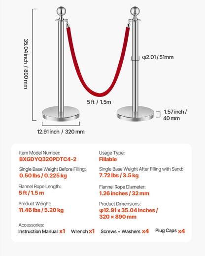 VEVOR 4 PCS Poste de Estaca de Acero Inoxidable de 1,5 m con Base Hueca de Inyección de Arena y 2 Cuerdas de Terciopelo Rojo, Barreras de Control de Multitudes para Teatro, Fiesta, Boda, Plateado