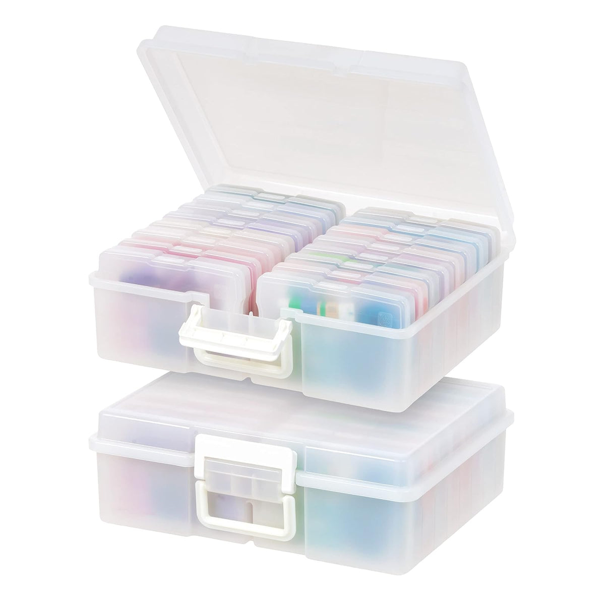 IRIS USA Caja Organizadora para Fotos, 16 Estuches, 2 Piezas, Perla | Compatible con fotos 4"x6", asa integrada, organizador para tareas, calcomanías, recortes y tarjetas didácticas