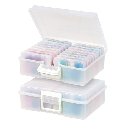 IRIS USA Caja Organizadora para Fotos, 16 Estuches, 2 Piezas, Perla | Compatible con fotos 4"x6", asa integrada, organizador para tareas, calcomanías, recortes y tarjetas didácticas