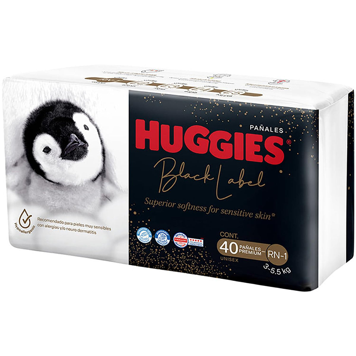 Huggies Black Label Pañales Desechables Premium, Etapa RN-1 Unisex, Bolsa con 40 piezas, Ideal para bebés de 3 a 5.5 kg
