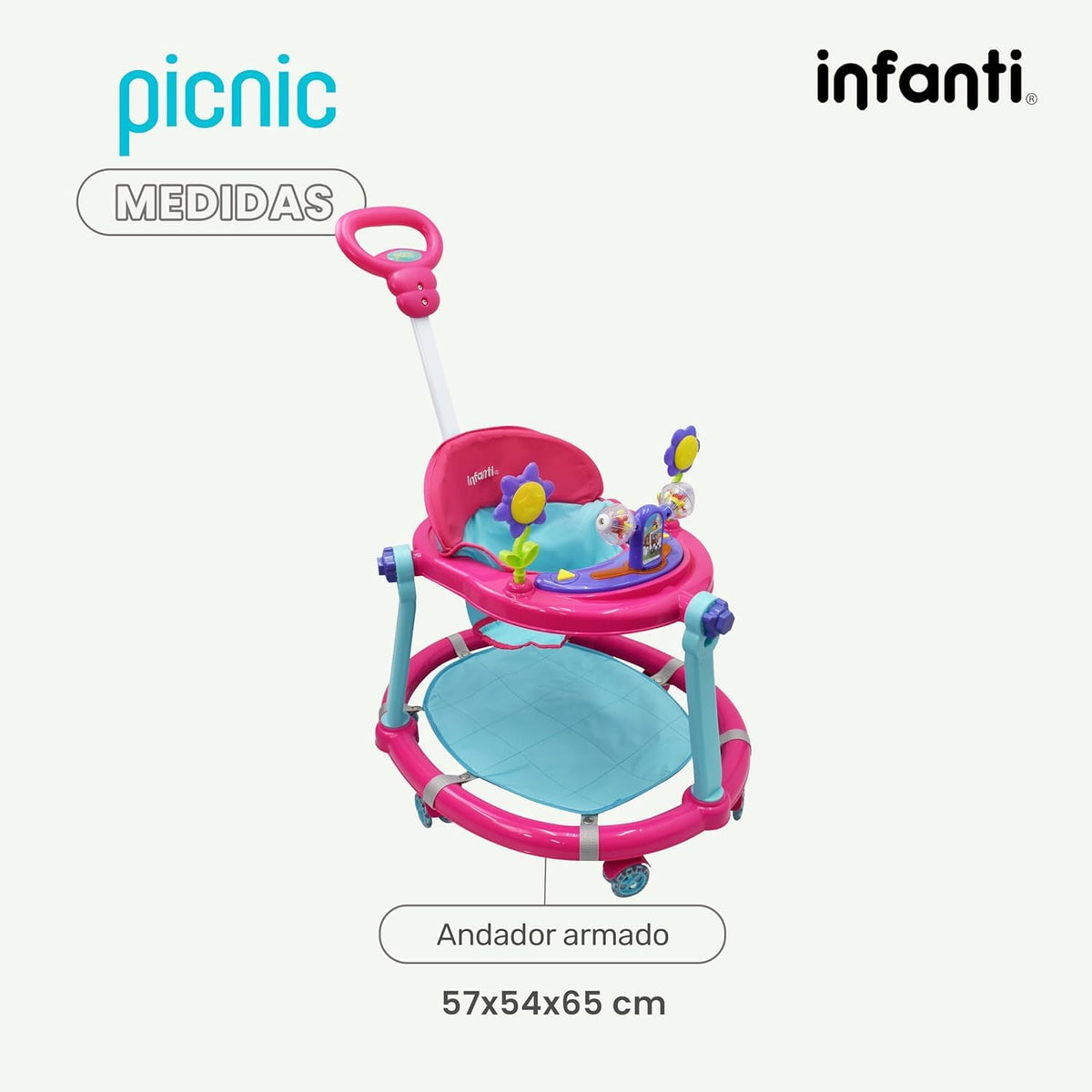 Infanti - Andadera para Bebe 3 en 1 PICNIC - Con Paseador y Juguetero Musical - Barra de Empuje - Color Rosa