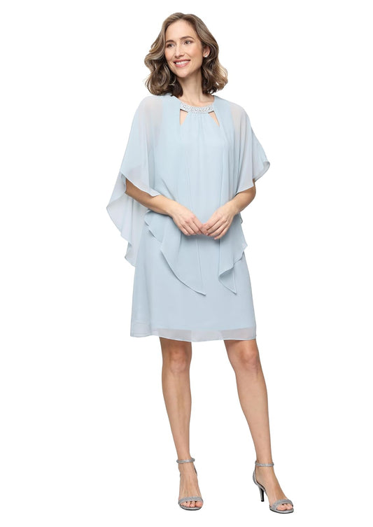 S.L. Fashions Capelet Cascade Sleeve Dress with Beaded Cutout Neckline, Special Occasion Dress Vestido para Madre de la Novia Mujer