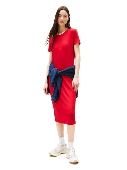 Tommy Jeans Vestido Midi Bodycon con Logo para Mujer - G - Rojo Zafiro