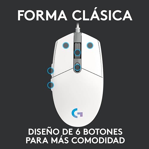 Logitech G203 LIGHTSYNC Mouse Ergonómico con Cable, Iluminación RGB Personalizable, 6 Botones Programables, Seguimiento de hasta 8,000 dpi, Ultra-Ligero - Color Blanco