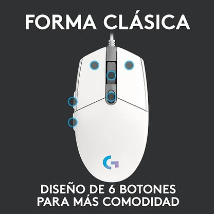 Logitech G203 LIGHTSYNC Mouse Ergonómico con Cable, Iluminación RGB Personalizable, 6 Botones Programables, Seguimiento de hasta 8,000 dpi, Ultra-Ligero - Color Blanco