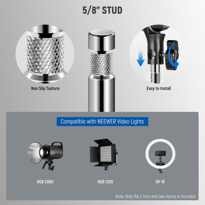 NEEWER 6" End Jaw Grip con 5/8" Stud, Steel Shaft End Grip con Mordazas Ajustables, Almohadillas de Goma para C Stand, Antitorsión,Mango Giratorio Easy Lock para Luz Video LED Softbox, UA040