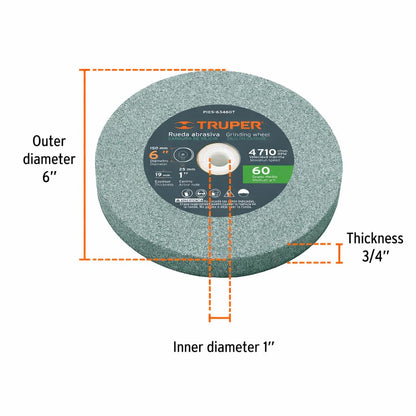 Truper PIES-63460T, Piedra para esmeril, carburo de silicio 6", grano 60, espesor 3/4", barreno 1"