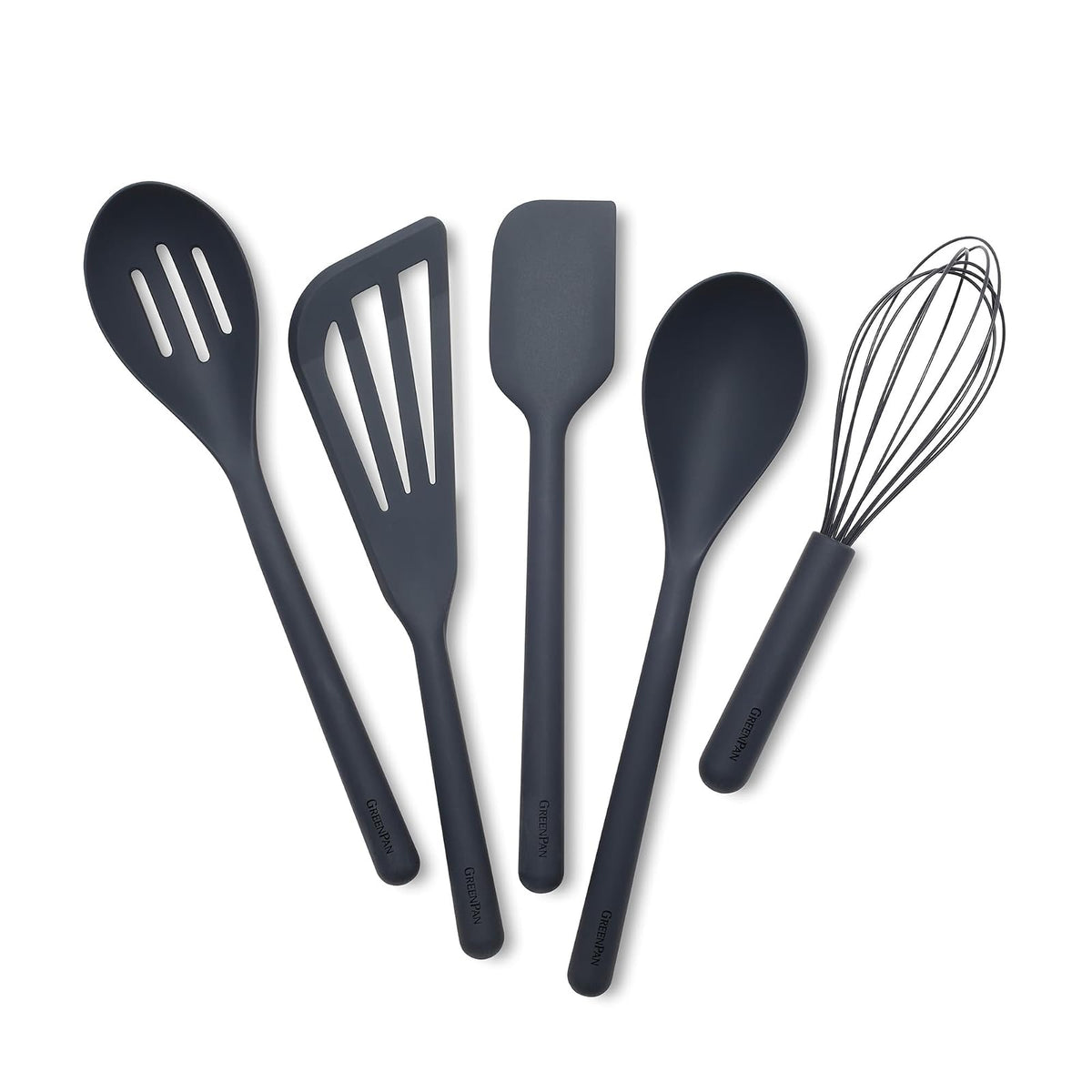 GreenPan - Juego de utensilios de cocina de silicona de 5 piezas, cuchara ranurada y sólida, volteador, espátula, batidor, herramientas flexibles antiadherentes, núcleo de acero, mango antideslizante