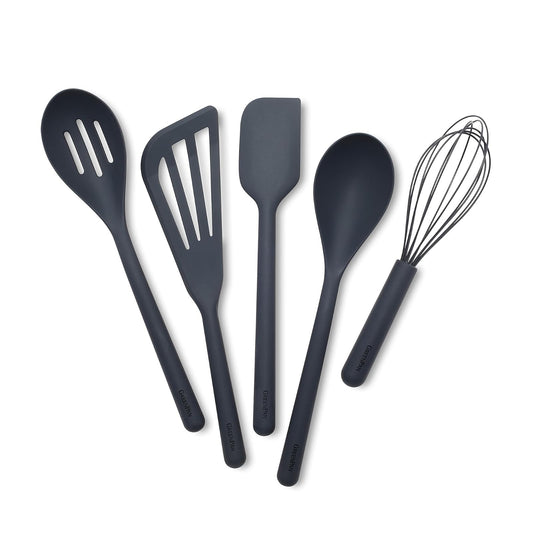 GreenPan - Juego de utensilios de cocina de silicona de 5 piezas, cuchara ranurada y sólida, volteador, espátula, batidor, herramientas flexibles antiadherentes, núcleo de acero, mango antideslizante