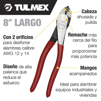 TULMEX D226-8 | Pinza Corte Diagonal Alta Palanca 8" | Pela Alambres