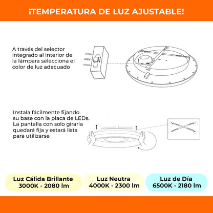 Tecnolite - Lámpara de Techo Plafón LED 36 W, Luz Blanca Ajustable con Aros de Luz, No atenuable