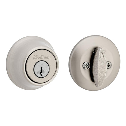 Kwikset 660 - Cerradura de cerrojo para puerta de entrada frontal redonda de níquel satinado, tornillo muerto de un solo cilindro, con protección Microban
