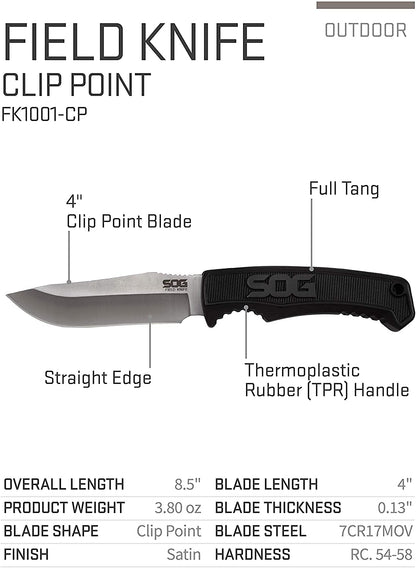 SOG - Cuchillo de supervivencia con vaina, cuchillo de campo de hoja fija, cuchillo táctico de 4 pulgadas y cuchillo de Bushcraft con hoja de cuchillo de caza de espiga completa (FK1001-CP)