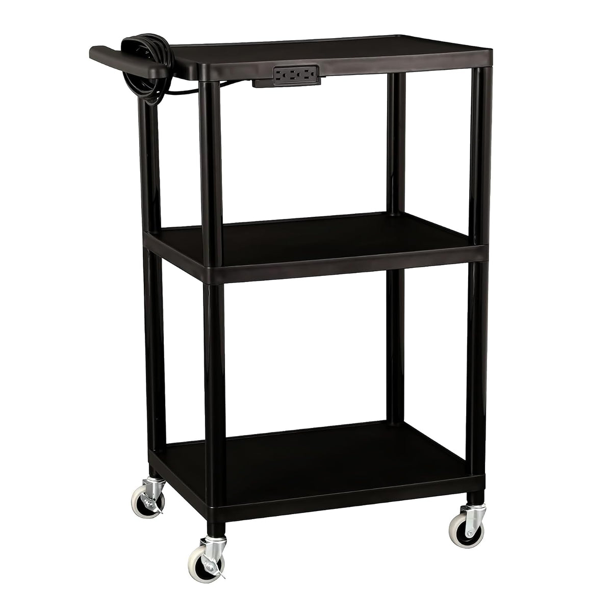 Norwood Commercial Furniture NOR-OUG1042-SO Adjustable-Height Mobile Black Plastic Utility AV Cart with Power Strip