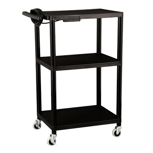 Norwood Commercial Furniture NOR-OUG1042-SO Adjustable-Height Mobile Black Plastic Utility AV Cart with Power Strip