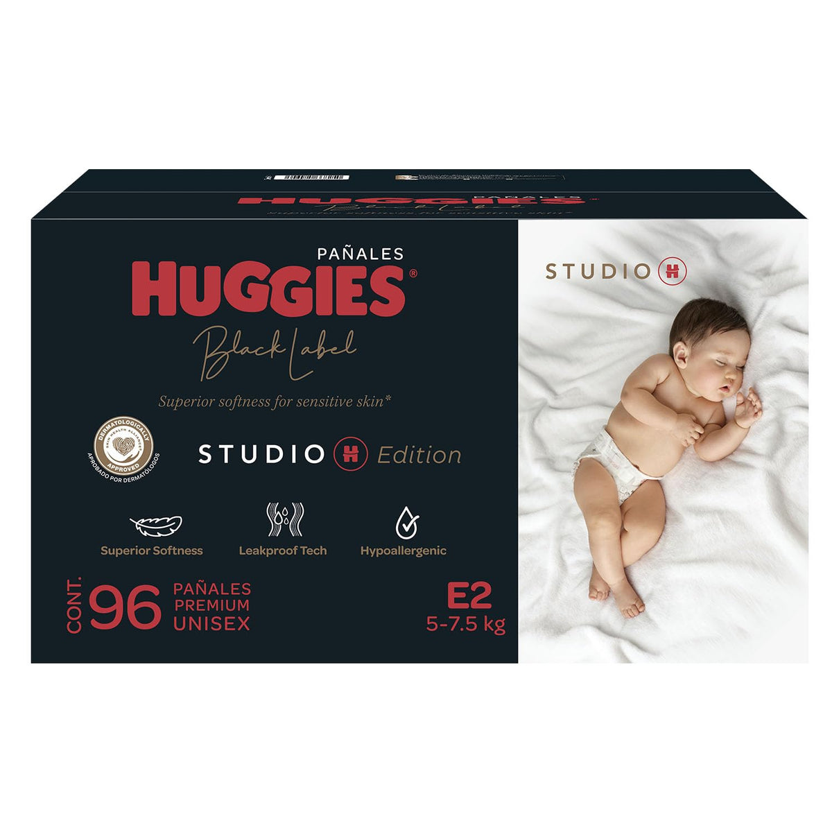 Huggies Black Label Studio H, 96 Pañales Premium Unisex Hipoalergénicos Etapa 2 (para bebés de 5 a 7.5 Kg)
