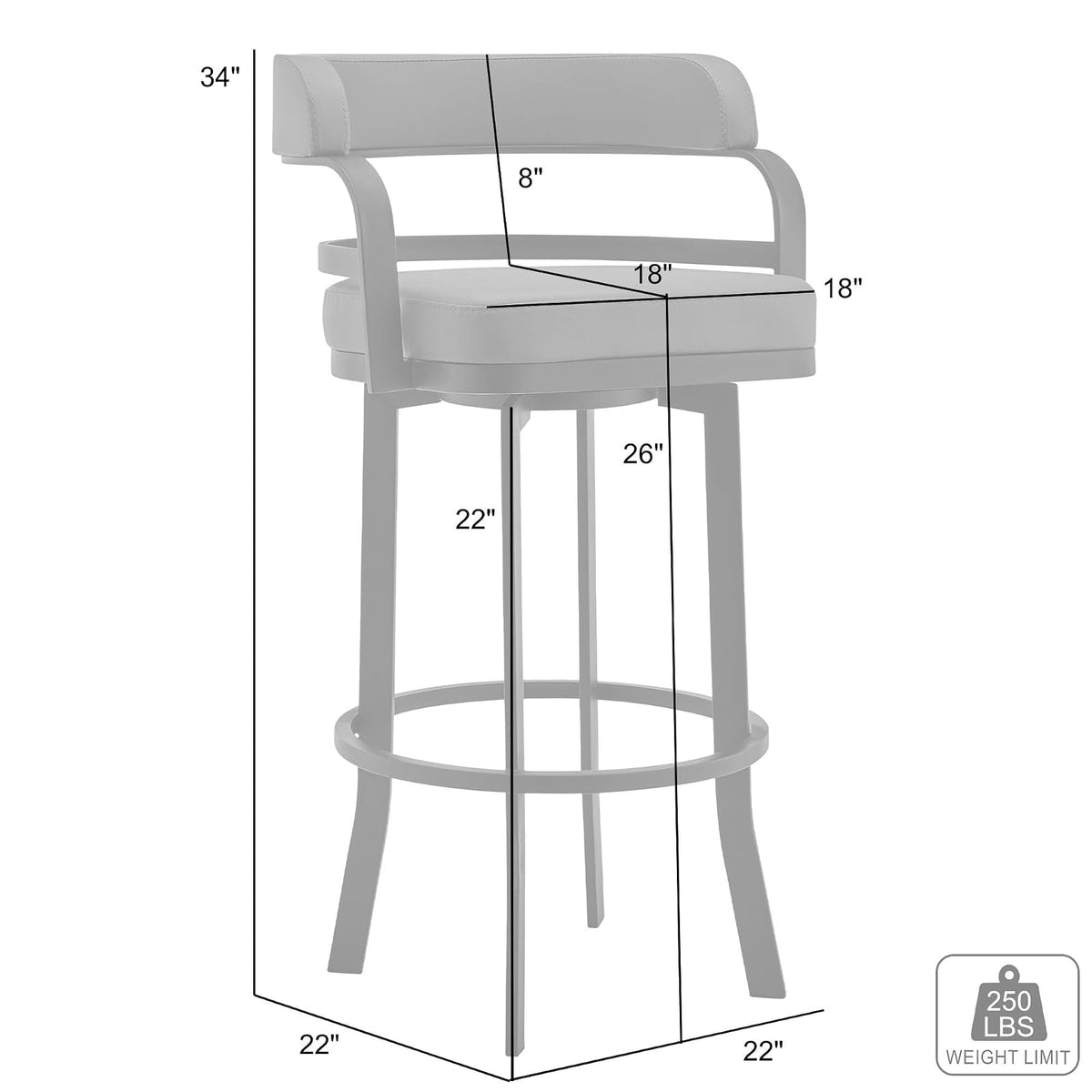 Armen Living Prinz - Taburete Giratorio de 66 cm de Altura en Piel sintética Negra y Acabado de Acero Inoxidable Cepillado