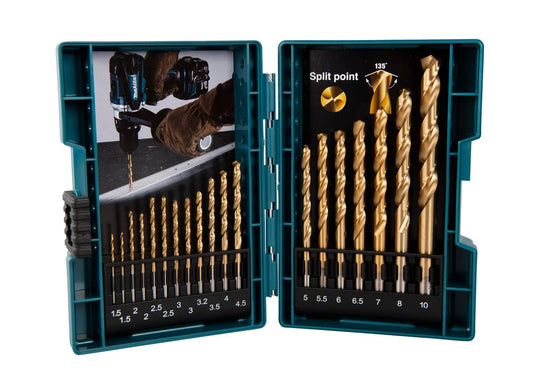Makita Juego 19 Brocas Hss-Tin B-67795, 1.5,2,2.5,3,3.2,3.5,4,4.5,5.5,6,6.5,7,8,10mm zanco cilindrico, recubrimiento de titanio.