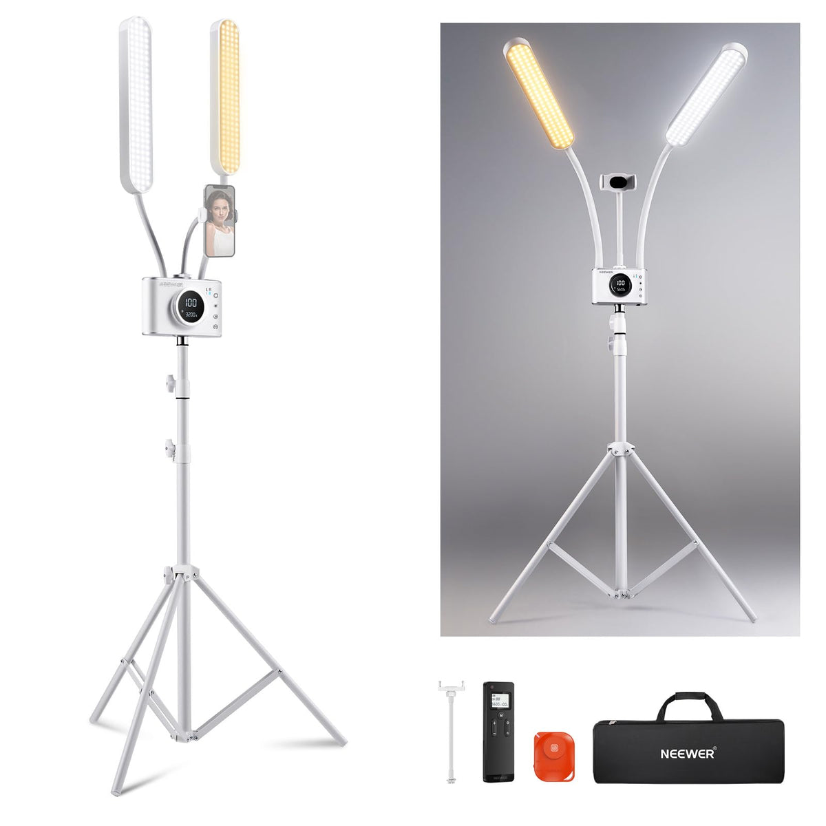 NEEWER Iluminación Fotografía Bicolor con Soporte para Celular, Compatible con 2.4G/PC/Mac y Control de 2 Cabezal Luz Video, Lámpara con Doble Brazo para Maquillaje, Pestañas, Cejas, Tatuajes, BH40B