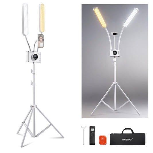 NEEWER Iluminación Fotografía Bicolor con Soporte para Celular, Compatible con 2.4G/PC/Mac y Control de 2 Cabezal Luz Video, Lámpara con Doble Brazo para Maquillaje, Pestañas, Cejas, Tatuajes, BH40B