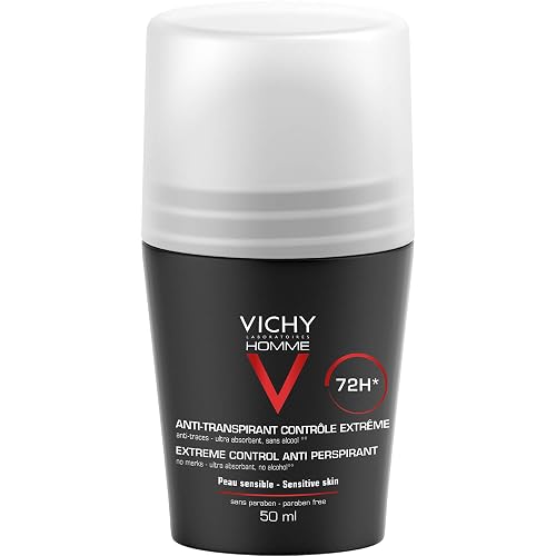 Vichy Homme Desodorante Antitranspirante Intensivo Roll-On para Hombre con Protección de 72 Horas, Fórmula sin Alcohol e Hipoalergénica para Piel Sensible, 50 ml