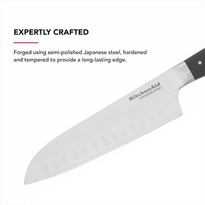 KitchenAid Gourmet - Cuchillo Santoku forjado de triple remache con cubierta de hoja de ajuste personalizado, cuchillo de cocina afilado, hoja de acero inoxidable japonés de alto carbono, color negro