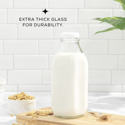 JoyJolt - Botellas de leche de vidrio con tapas y vertedor, 32 onzas, paquete de 3 botellas de vidrio herméticas resistentes y reutilizables, a prueba de fugas, sin BPA, grado alimenticio, apto para