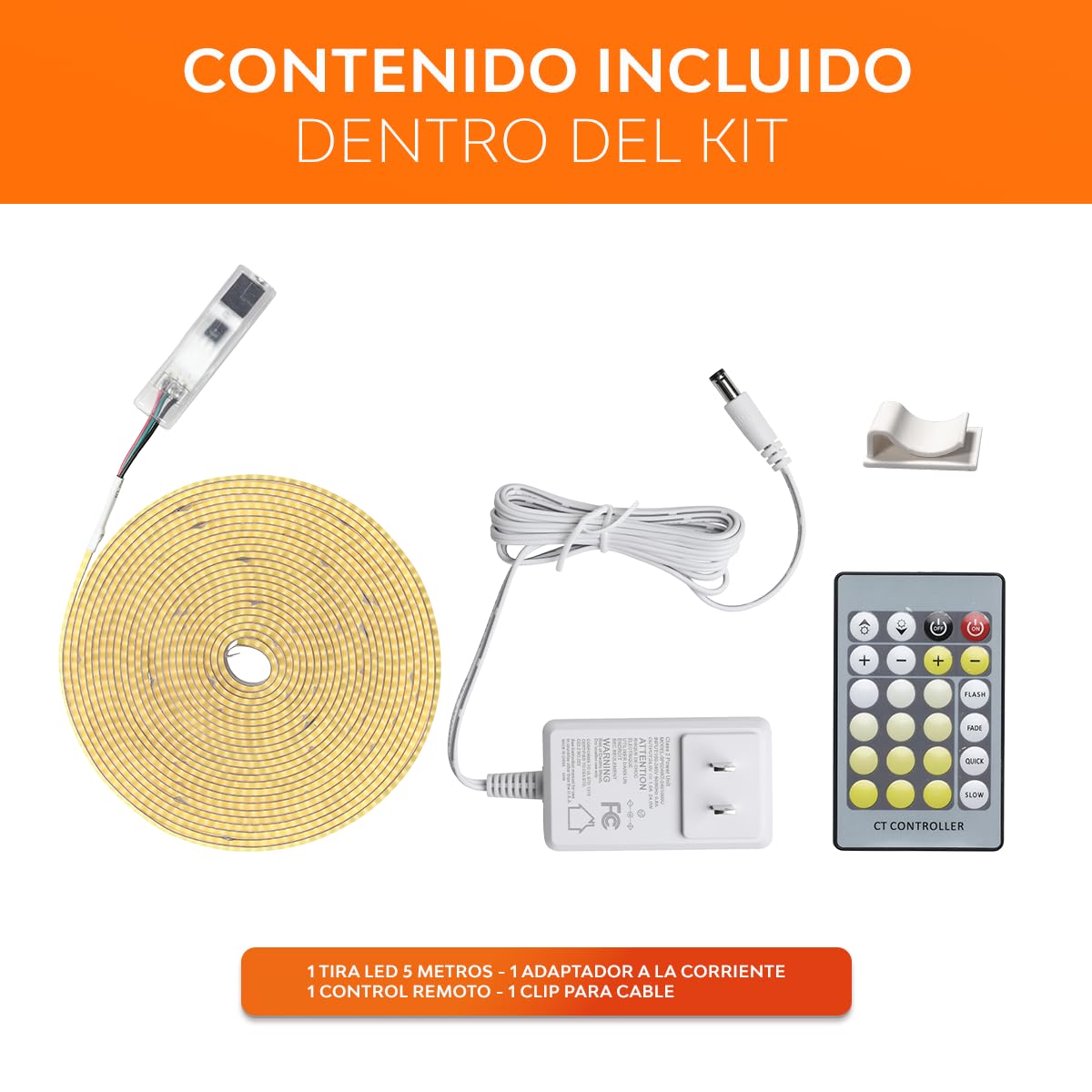 Tecnolite - Tira LED 5 Metros de Longitud 24 W, Luz Blanca Ajustable, Control Remoto Incluido, Interiores, Atenuable