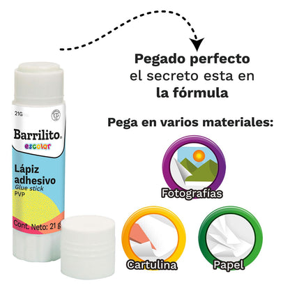 Barrilito Lápiz Adhesivo de 21 Gramos, Caja con 24 Piezas