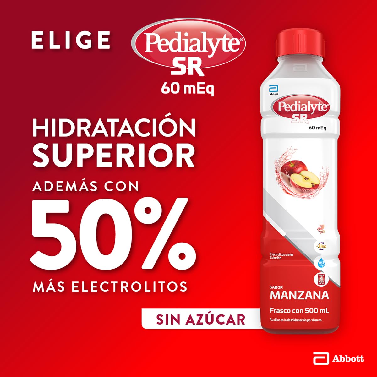 Pedialyte - Electrolitos Orales, 60 mEq, Solución Oral Sabor Manzana 500 ml - Caja con 12 piezas, Auxiliar en la Deshidratación por Diarrea, Vómito y Ejercicio