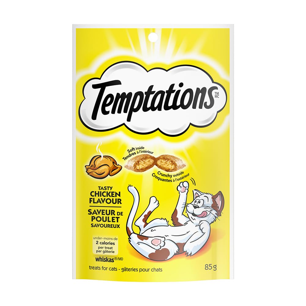 Temptations premios para Gato Sabor Pollo Sabroso, 12 Pack de 85gr c/u – Crujientes por Fuera y Cremosos por Dentro