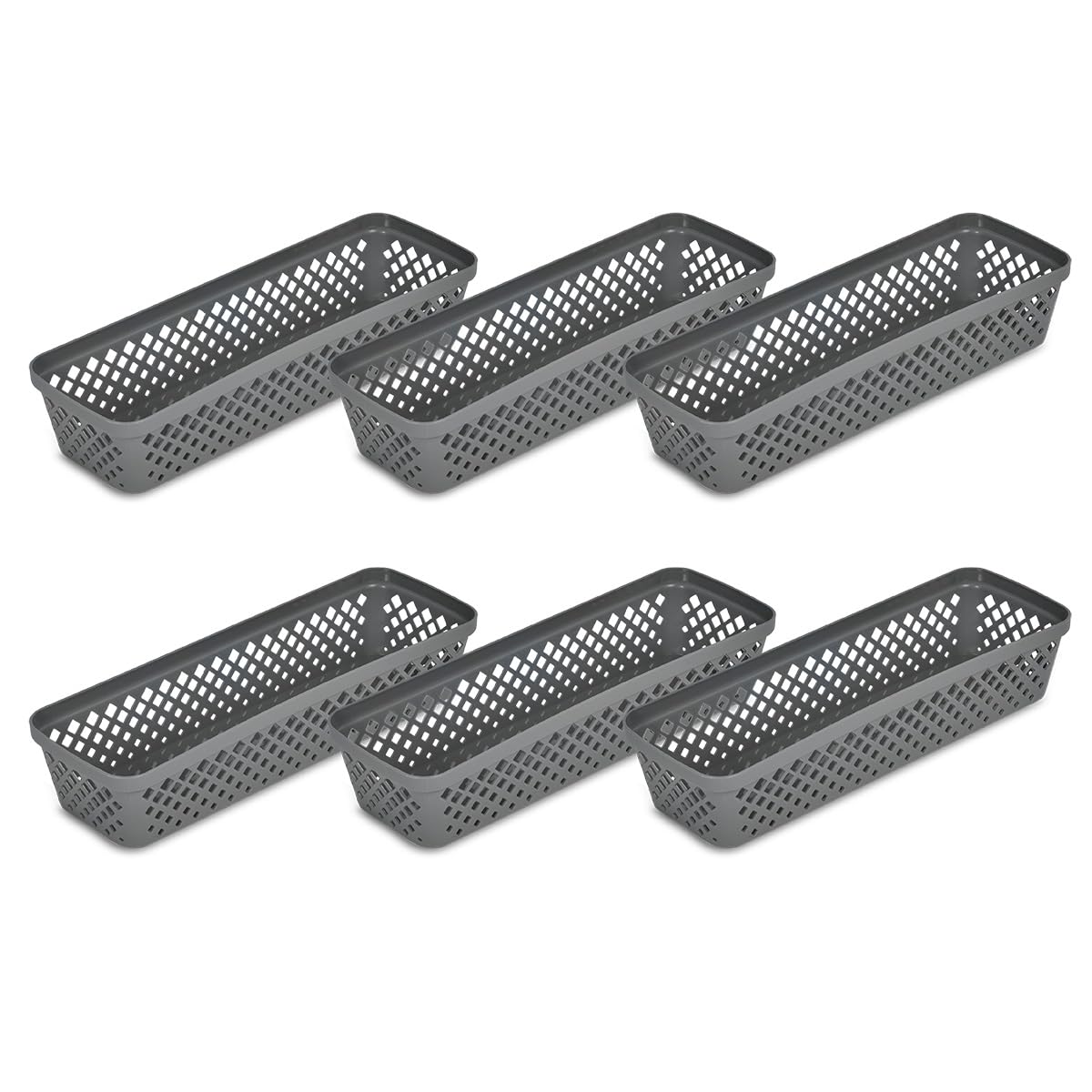 Glad - Juego de cestas de almacenamiento de plástico, bandejas multiusos, contenedores de despensa de cocina y contenedores de baño, paquete de 6 organizadores estrechos, color gris