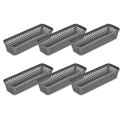 Glad - Juego de cestas de almacenamiento de plástico, bandejas multiusos, contenedores de despensa de cocina y contenedores de baño, paquete de 6 organizadores estrechos, color gris