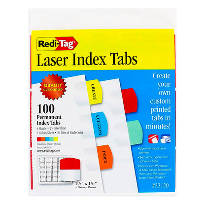 Redi-Tag - Etiquetas de índice impresas con láser, calcomanía permanente, 7/16 x 1 pulgadas, 100 pestañas por paquete, 2.8 x 3.2, colores variados. - 2.8 x 3.2 - 100 pestañas - azul, rojo, amarillo, menta y naranja