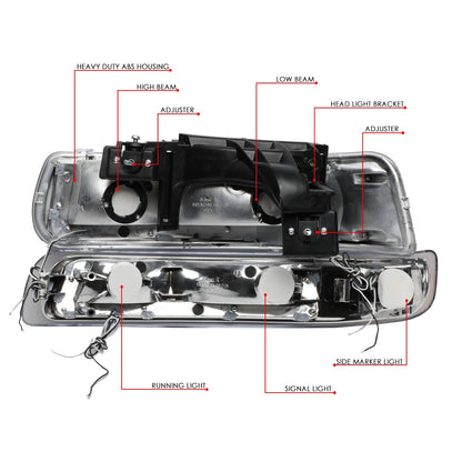 DNA Motoring Par de Faros Delanteros LED DRL de Repuesto para Chevrolet Silverado 1999-2002, Cromado/Transparente, HL-LB-CSIL99-CH-CL1