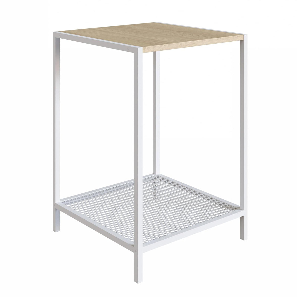 TUGOW Mesa Lateral Ted Color Blanco y Madera con 1 Entrepaño y Estructura Metálica de Acero MDP.