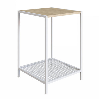 TUGOW Mesa Lateral Ted Color Blanco y Madera con 1 Entrepaño y Estructura Metálica de Acero MDP.