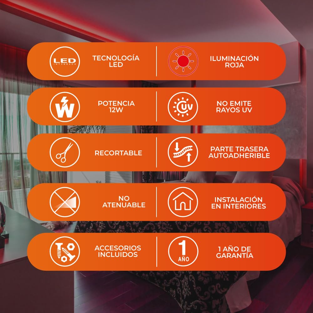 Tecnolite - Tira LED 5 Metros 12 W Luz Roja, Interiores, Plug and Play, No atenuable, Recortable