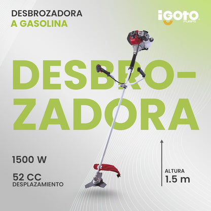 IGOTO Desbrozadora Desmalezadora de Gasolina Motor 2 Tiempos 2 HP 1500 W Capacidad del Tanque 1200 Ml Uso Profesional 52 CC Mango Ajustable Tipo Bici Carburador Tipo Diafragma