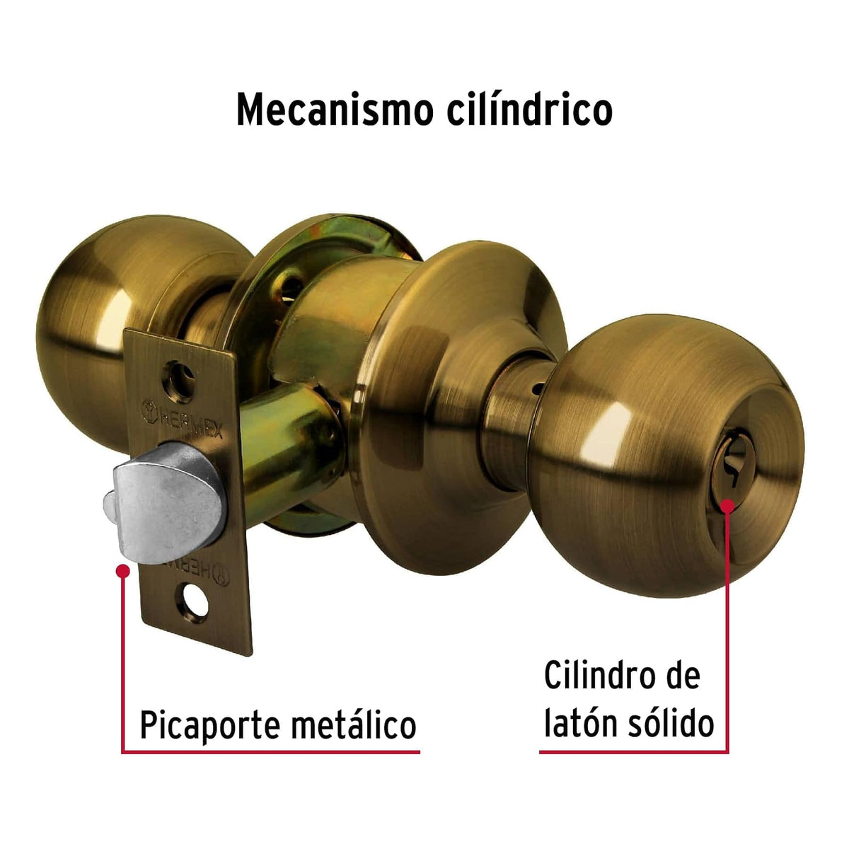 Hermex CEPO-21R, Cerradura de pomo tipo esfera para recámara, mecanismo cilíndrico, latón antiguo