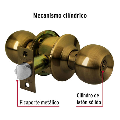 Hermex CEPO-21R, Cerradura de pomo tipo esfera para recámara, mecanismo cilíndrico, latón antiguo