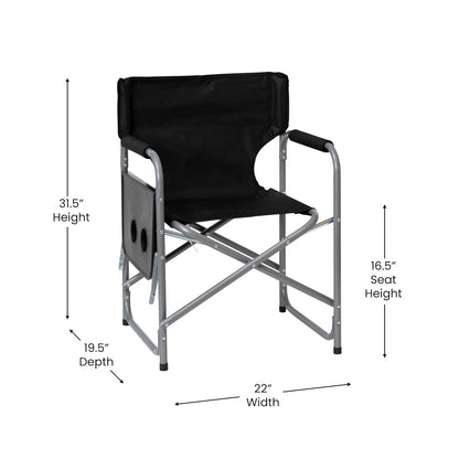 Flash Furniture Folding Directors Camping Chair - Portable Black Sports Chair with Cupholder Side Table - Indoor/Outdoor Steel Tube Framed Foldable Chair