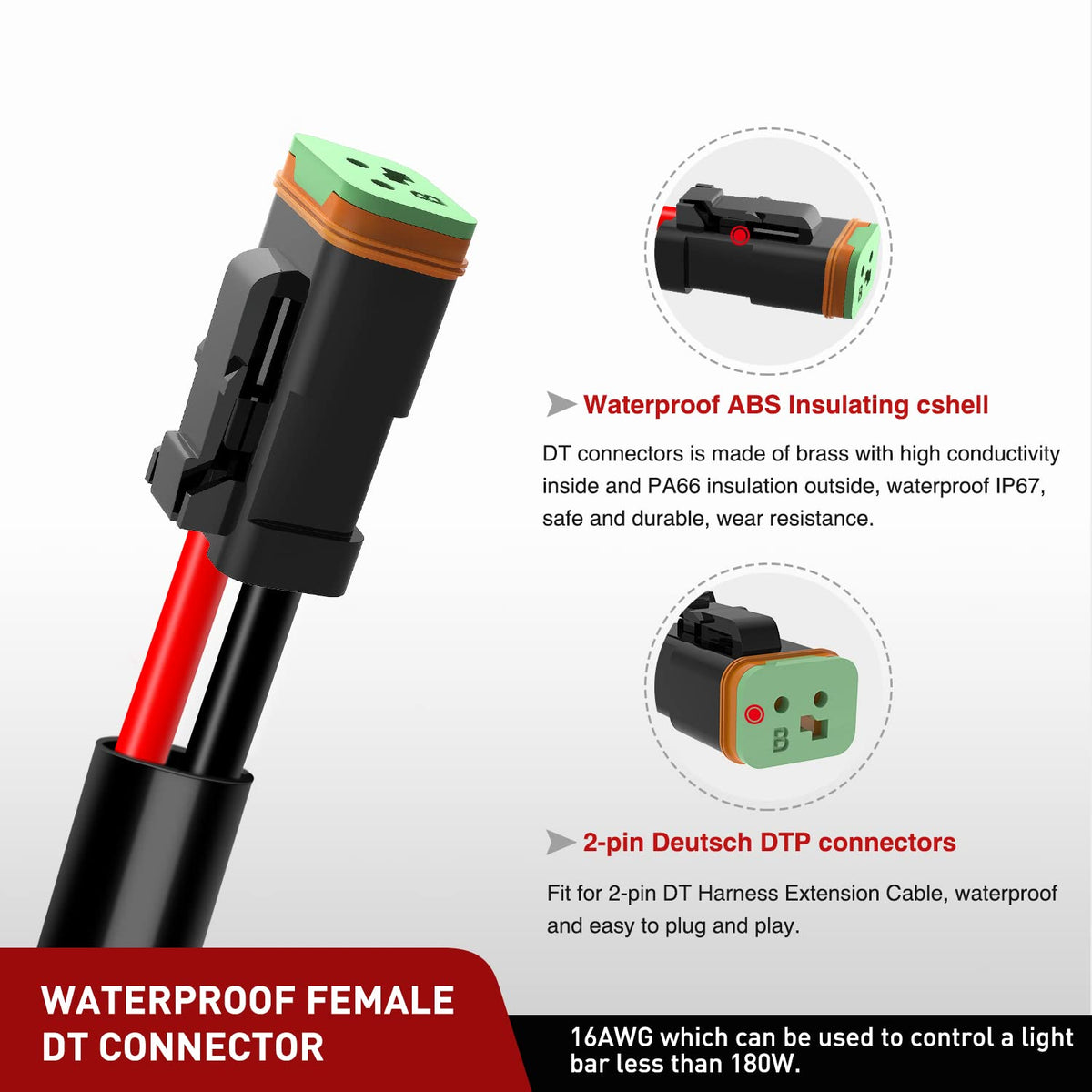 Nilight 10058W Kit de Extensión de Arneés de Cableado 16 AWG de 10 Pies, Conector DT de 2 Pines, para Barra de Luz LED Todoterreno, Paquete de 2